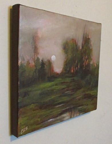 Original Painting by CES - Landscape Moon Trees Warm Sky Orange Autumn Fall ART 8x8