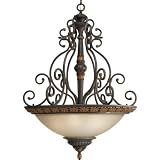 Progress Lighting P3864-92C Five-Light Foyer Large Pendant with Antique Stone-Etched Glass and Carved Acanthus Leaf Detail, Old Iron Crackle