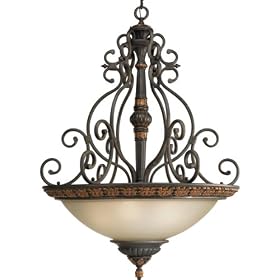 Progress Lighting P3864-92C Five-Light Foyer Large Pendant with Antique Stone-Etched Glass and Carved Acanthus Leaf Detail, Old Iron Crackle