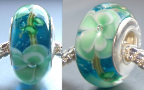 Pandora Compatible 925 Stamped Green Floral Unique Handmade Jewelery Genuine Murano Glass Charm Beads - 925 Stamped Silver Single Core - Fits Pandora, Chamilia, Troll, Biagi Bracelet - Perfect Valentines Gift ** IN STOCK & READY FOR IMMEDIATE DISPATCH **