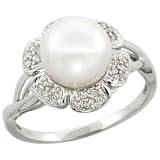 14k White Gold 8.5mm Pearl Flower Ring w/ 0.10 Carat Brilliant Cut Diamonds, 1/2 in. (13mm) wide, size 8