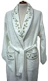 Armani International, Vivami -Fleur, Classically Tailored Luxury European Bathrobe, Embroidered with Contrasting Color Piping, White