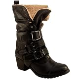 Womens Black Heeled Multi Buckle Fur Lined Military Boots