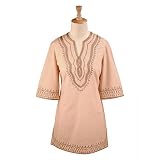 Sandy Beige Split V Neck 3/4 Sleeves Tone-on-tone Embroidered Cotton Tunic (Petite, Tall & Misses Sizes XS-3X)