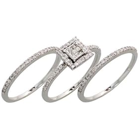 14k White Gold 3-Piece Wedding Ring Set, w/ 0.60 Carat Brilliant Cut & Invisible Set Diamonds, 1/4" (7mm) wide