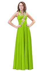 V-neck Halter Satin Crystal Ruched Beaded Open-Back Prom Dress/Wedding Party Dress 