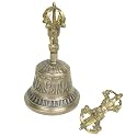 Tibetan Buddhist Brass Meditation Bell and Dorje Set, Measures 6.5 Inches Tall, 3.5 Inches Wide