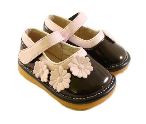 Girl Squeaky/Dress Shoes, Brown/Pink, Pink flowers, Removable Squeaker (Toddler/kid/children)