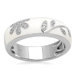 Sterling Silver Diamond White Enamel Floral Design Stack Ring (1/20 cttw, I-J Color, I3 Clarity), Size 7