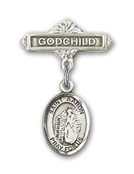 Sterling Silver Baby Badge with St. Aaron Charm and Godchild Badge Pin