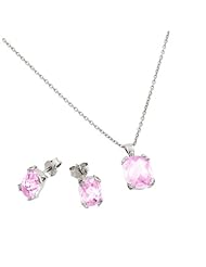 Rhodium Plated 925 Sterling Silver Prong Set October Birthstone Pink Tourmaline Faceted Cubic Zirconia CZ Earring and Necklace Set