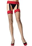 Plus Size Contrast Color Fence Net Garter Belt Stocking W/Bow Top (Black/Red-Plus Size)