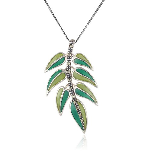 Sterling Silver Marcasite and Green Enamel Leaf Pendant, 18