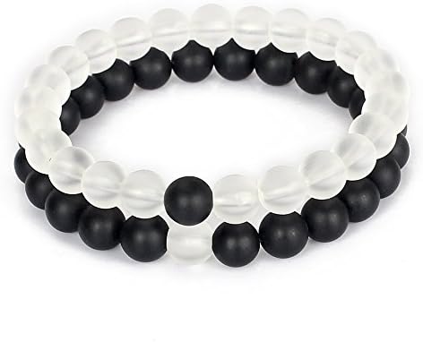 Dilusso Gemstone Beaded Matte Onyx and Frosted Quartz His and Hers Couple Bracelets (2pcs)