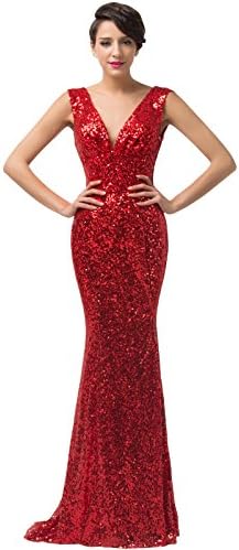 Grace Karin® Red Deep-V Neck Sequins Ball Gown Mermaid Evening Dresses CL6052 (16)