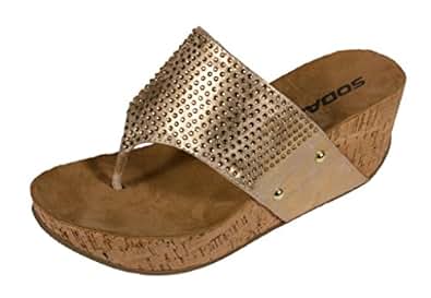 Amazon.com: Soda Women's Uber Thong Rhinestone Platform Cork Wedge Sandal in Gold Metallic 