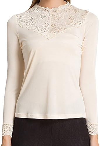 New Silk Women's Silk Crew Neck Lace Long Sleeve T Shirts (Large, Beige)