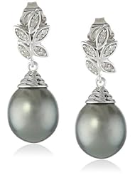 10k White Gold, Tahitian Cultured Pearl and Diamond Earrings (0.1 cttw, GH Color, I2-I3 Clarity)