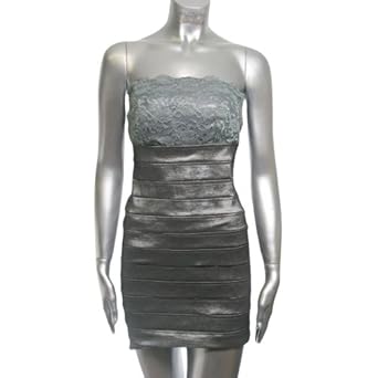 Pewter Silver Lace Bust Layered Cocktail Formal Dress