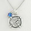 Round Om or Aum Pendant in Sterling Silver with Blue Crystal Bead on a 16" Rhodium Box Chain, #8519