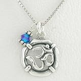 Round Om or Aum Sterling Silver Pendant with Crystal Bead on a 16 Rhodium Chain, #8519