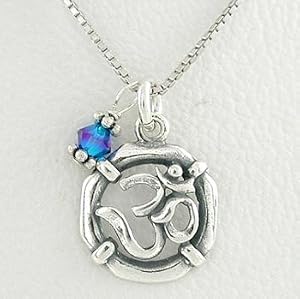 Round Om or Aum Pendant in Sterling Silver with Blue Swarovski Crystal Bead on a 16" Rhodium and Sterling Box Chain, #8519