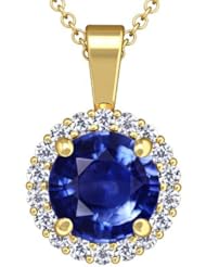 14K Yellow Gold Round Cut Blue Sapphire And Round Diamond Pendant