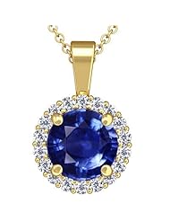 18K Yellow Gold Round Cut Blue Sapphire And Round Diamond Pendant