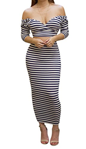 Kearia Womens Off Shoulder Stripe Two Piece Bodycon Dress Crop Top And Midi Skirt
