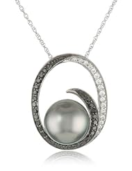 10k White Gold 9-9.5mm Tahitian Cultured Pearl and Black and White Diamond Pendant Necklace (0.25 cttw, G-H Color, I2-I3 Clarity), 17"