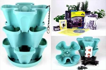 Garden Stacker Planter + Indoor Herbal Tea Herb Garden Kit - Grow Lemon Balm, Catnip, Rosemary,Chamomile, Fever Few, Lavender, Lemon Grass, Marigold, More: Includes Seed, Starter Peat Pellets, Greenhouse Dome Tray, Instructions, Sea Foam Color Stackable Planter: Just Stack & Grow.