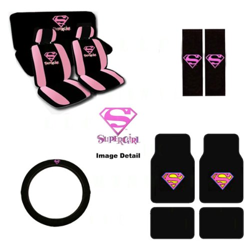  15pc Supergirl Stars Dc Comics Superhero Low Back Seat Covers with Head Rest Covers, Bench Cover and Steering Wheel Cover with Shoulder Pads and Floor Mats Licensed and Rare Product