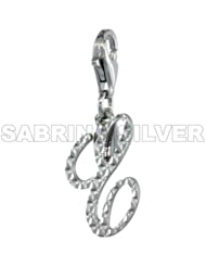 Sterling Silver Script Initial Letter E Alphabet Charm Diamond Cut Finish and Lobster Lock Clasp, 3/4 inch