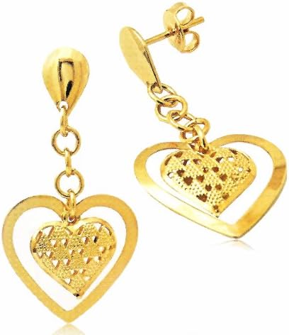 18K SKILLUS GOLD DOUBLE HEARTS STUD EARRINGS, 1-5/8" , NICKEL FREE