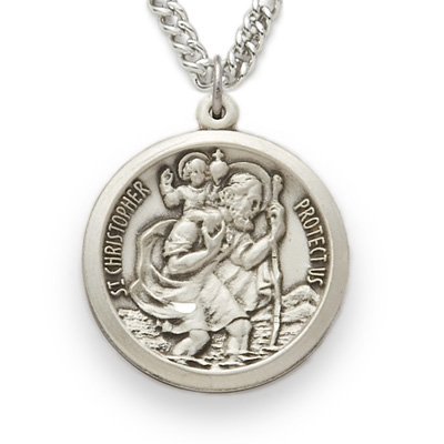 Sterling Silver 1" Round Engraved St. Christopher Medal on 24" Chain
