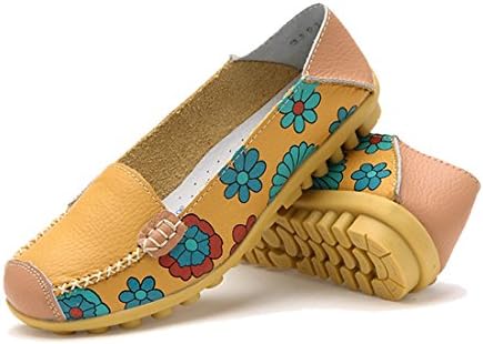 Fidella Women Bright Color Casual Flower Printed Slip On Leather Flat Pumps Shoes yellow