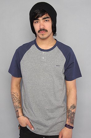 RVCA The Unlike RVCA Block Henley in Grey Noise & Docker Blue,Tops for Men