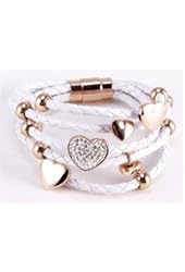 White Braided Leather Five Strand Bracelet with Hearts and Rings Charms. Largest Heart in Center