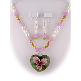 Murano Glass Pink Flower Heart Pendant Freshwater Pearl Earrings Necklace Sterling Silver ne1292