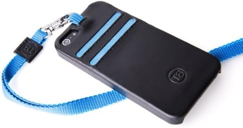 T8 STORM iPhone 5/5S Leather Wallet Case with lanyard - Black leather with blue trim.