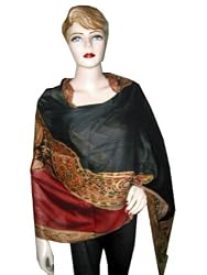 Dark Black and Red Cutwork India Paisley Reversible Pashmina Shawl 80"x28" Free Shipp