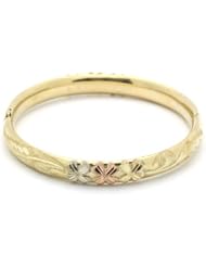 14K Tri-Color Gold 6mm Diamond Cut Flower 1.75 Diameter Adjustable Bangle Bracelets