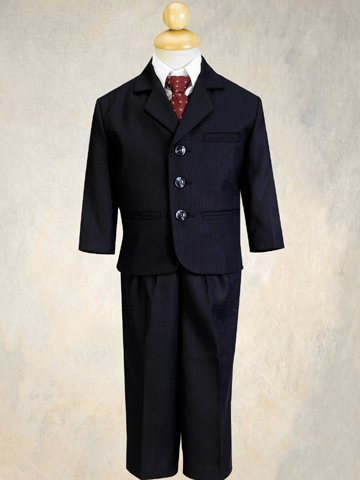 5 Piece Navy Blue Pin-Striped Suit with Burgundy Tie
