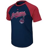MLB Boys' Cleveland Indians Junior League Short Sleeve Raglan Overdyed Tee (Athletic Navy Heather/Athletic Red Pepper Heather, Large)