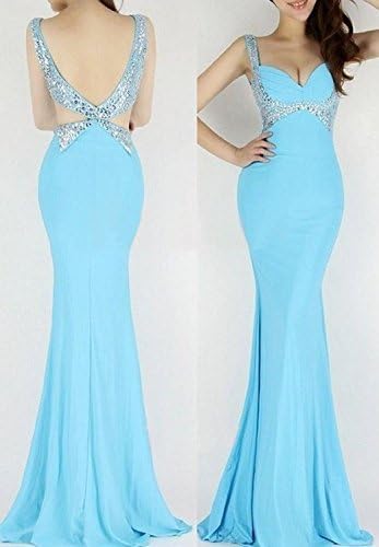 Tigo European Style Sequined Deep V-neck Halter Bow-knot Skirt Dress The Bride Toast Length Skirt Dress ,Dress For Women Party -sky blue