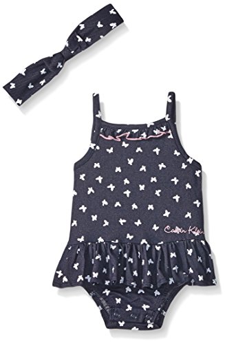 Calvin Klein Baby Girls' Printed Knit Denim Sunsuit with Headband, Blue, 6-9 Months
