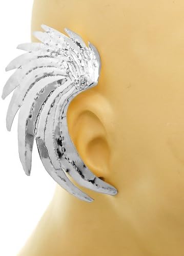 2 Silvertone Large Wings Over Ear Cuff Clip and Post Pin Earrings (Silver-Tone)
