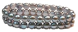 2 Rows of Fresh Water Metallic Blue Colored Pearls with Sterling Silver