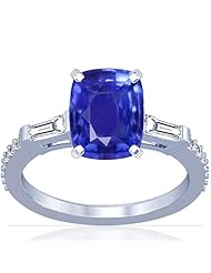 14K White Gold Cushion Cut Blue Sapphire Ring With Sidestones