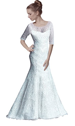 CosplayHut超綺麗手作りホワイト ビーズ付け3/4 スリーブウェディグドレス花嫁結婚式新婦さん